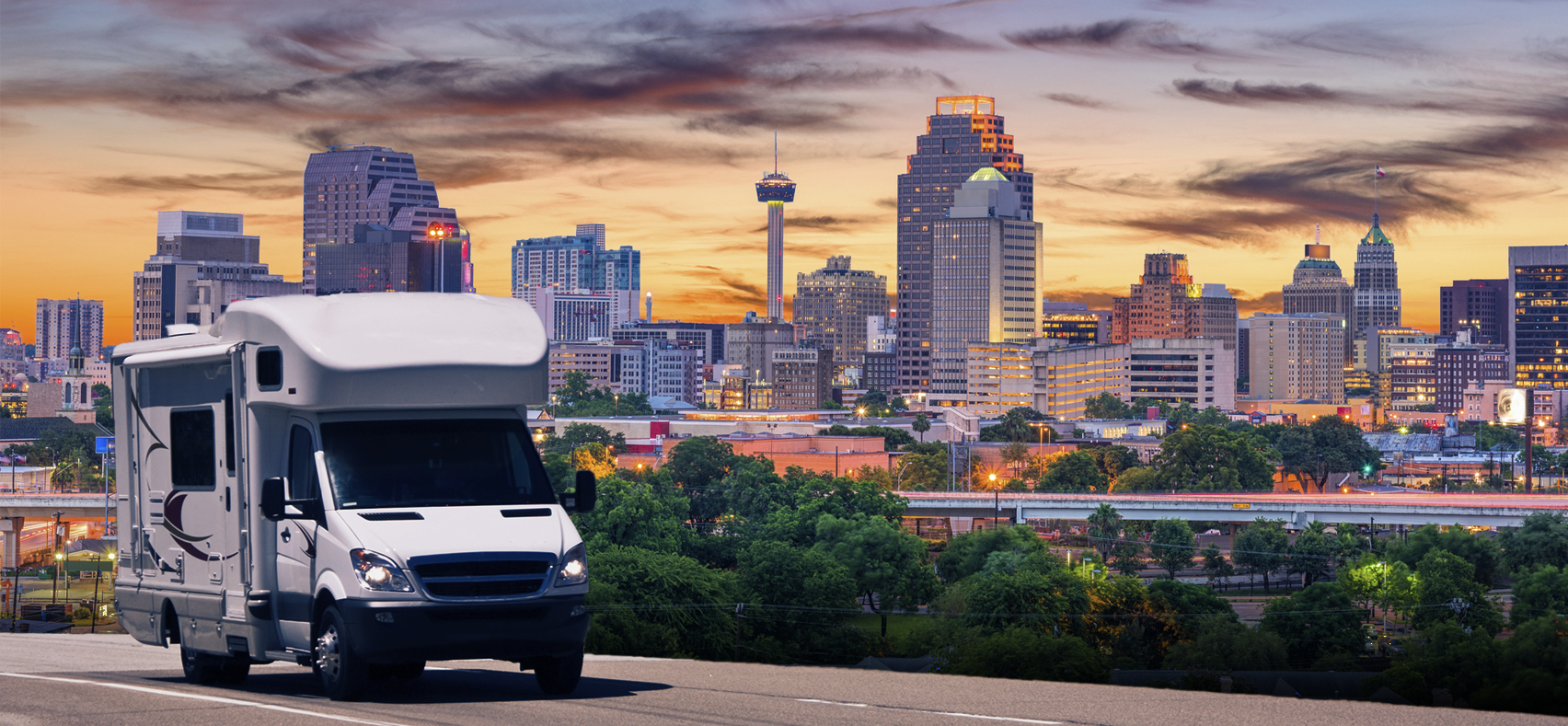 Recreation vehicle camper van driving out of San Antonio Texas after an RV Inspection