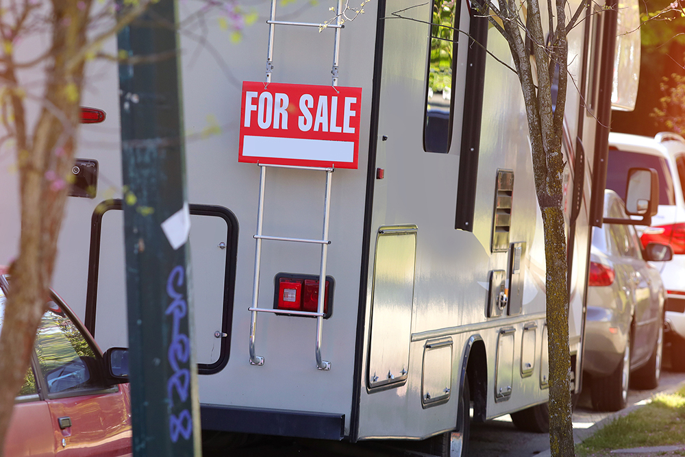 Motorhome for sale parked on the street seen while preforming rv inspection services